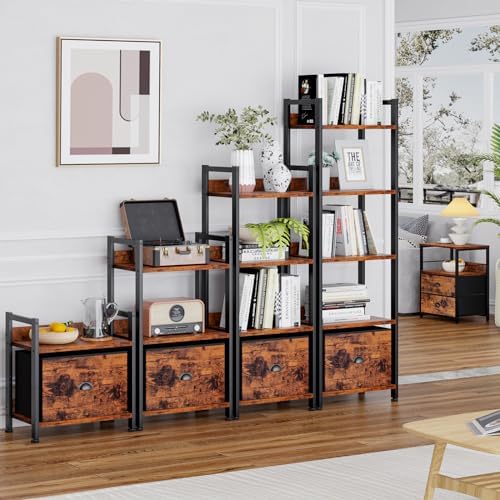 Furologee 5 Tier Bookshelf with Drawer, Tall Narrow Bookcase, Rustic Brown