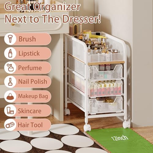 Rolling Makeup Cart Organizer with 3 Drawers, 4-Tier Narrow Floor Skincare Organizers with dividers, Vanity Organizer Co