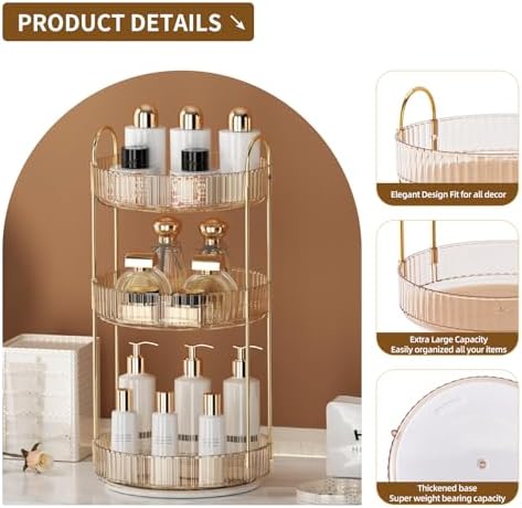 360° Rotating Makeup Organizer for Vanity - 3 Tier Perfume Organizer with Large Capacity - Skincare Organizer for Bathro