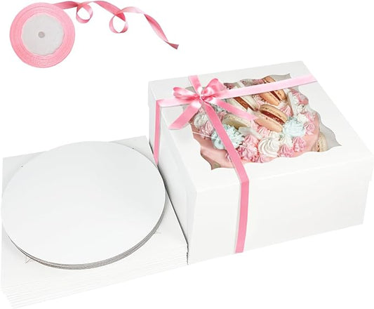 qiqee White 10x10x8 Cake Box, 18 Sets Cake Box with Window & 18 Sets 10" Cake Round Boards, 10inch Cake Containers, 10 Meters Pink Silk Ribbon Includes