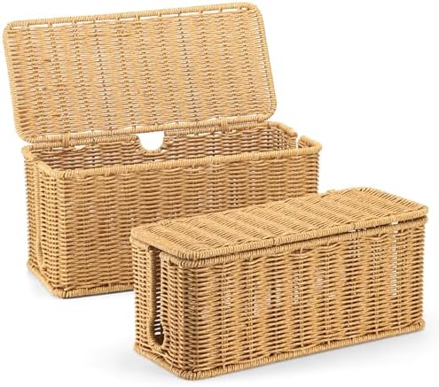ZhiYo Rattan Cable Management Box, Brown Cord Organizer, 13.5" x 6.2" x 6"