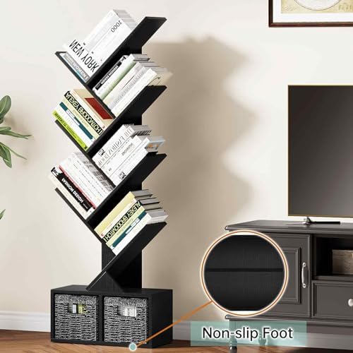 Vagusicc 6 Tier Tree Bookshelf with 2 Storage Cabinets, Tall Display Shelf Organizer for Books, Magazines, Home Decor, N