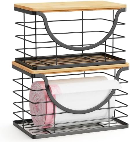 ALOCEO 2 Pack Stackable Storage Basket with Bamboo Lid, Large Trash Bag Holder for 13/30/33 Gallon Bags, Stainless Steel