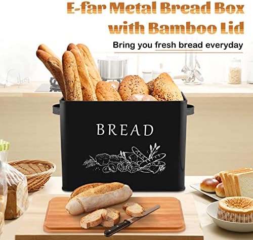 E-far Bread Box, Metal Bread Storage Container Bin with Bamboo Lid, Black