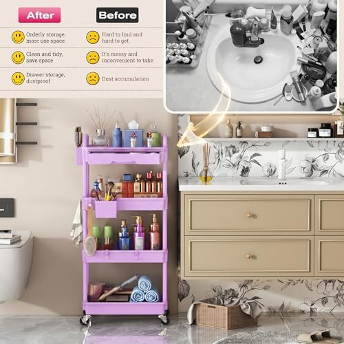 Goovilla Rolling Makeup Organizer Cart with Removable Drawer, 4 Tier Purple