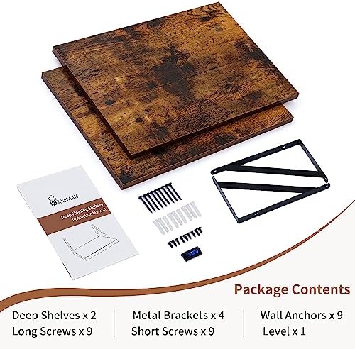 Axeman Deep Floating Shelves for Wall, 16W x 12D Rustic Wood Wall Shelves Set of 2, 12 Inch Deep Large Floating Shelves