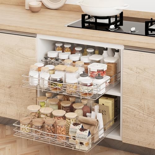 Pull Out Cabinet Organizer, 50LB Load Capacity Bottom-mount Sliding Drawer for Pots and Pans, 17" W x 21" D Under Sink S