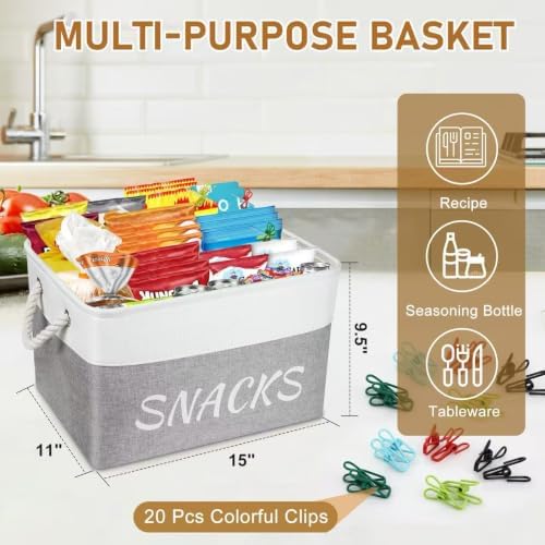 Snack Organizer for Pantry, Decorative Snack Basket with 10pcs Chip Clips, Snack Organizer for Desktop, Collapsible Shel