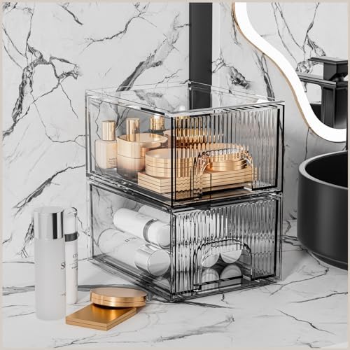 ZHIAI 2 Pack Clear Stackable Cosmetic Organizer, Acrylic Drawer, Plastic Organizer for Dresser, Vanity, Kitchen Cabinet,