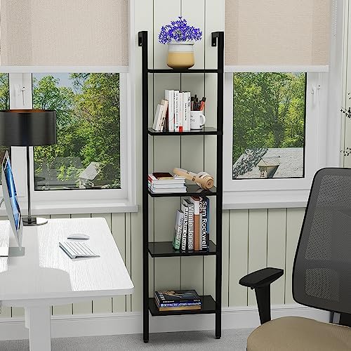 YMYNY 5 Tiers Narrow Ladder Bookcase, Industrial Wall Mounted Bookshelf, Open Display Rack with Metal Frame, Wooden Stor