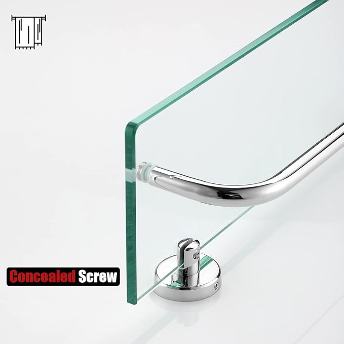 JQK Bathroom Glass Shelf Polished Chome, Shelf with 15 Inch Towel Bar Tempered Glass Shower Storage 16 by 5 inches, 304 Stainless Steel Silver Finish Wall Mount, TGS100-CH