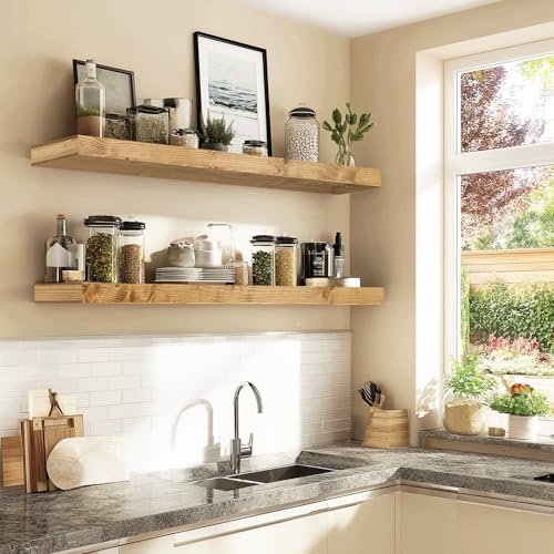 Floating Shelves, 48 Inch Wall Mounted Shelves, Set of 2, Oak