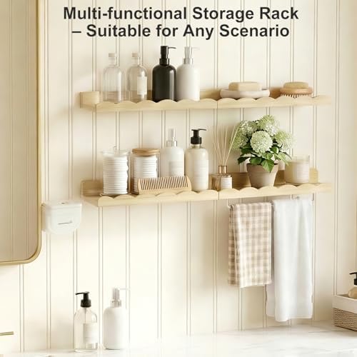 Fixwal Nursery Book Shelves, 16.5 Inch Floating Bookshelves for Wall Set of 4, Scalloped Wall Book Shelves with Towel Ra