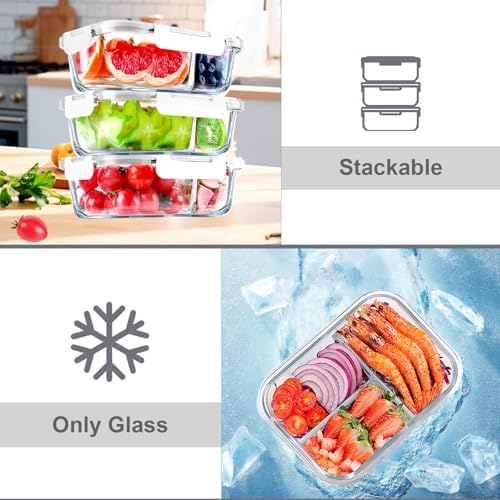 VERONES 5 PACK 36 OZ Glass Food Storage Containers 3 Compartment Set, White