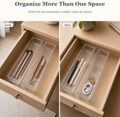 Kingrol 10 Pack Clear Narrow Tapered Drawer Organizer Trays, 12 x 3 x 2 in