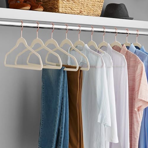 VECELO Premium Velvet Clothes Hangers Suit Heavy Duty (100 Pack)-Non Slip & Space-Saving with 12 Finger Clips & 2Tie Rack Excellent for Men and Women,Light Beige