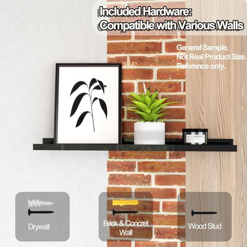Black Floating Shelves for Wall Decor, 52 in Shelf with Lip Set of 2