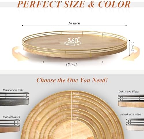 AMH16-Inch Rustic Lazy Susan with Solid Oak Base and Gold Iron Rail