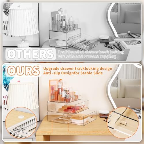Yieach Clear Acrylic Makeup Organizers Countertop for Dresser,Desk,Bathroom Vanity,3 Tier Stackable Make up Holders and