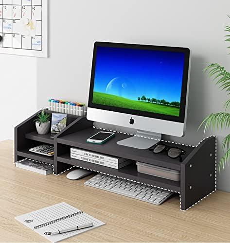 Computer Monitor Riser, 2 Tier Wooden Stand With Two Layer Storage Rack, Black Desktop Organizer for PC/Laptop, Home & O