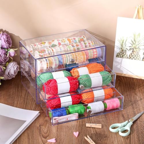Wonderjune 4 Pack 3 Drawer Clear Washi Tape Organizer Acrylic Storage Box