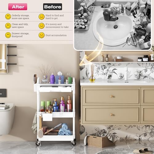 Goovilla Rolling Makeup Organizer Cart with Removable Drawer, 3 Tier White