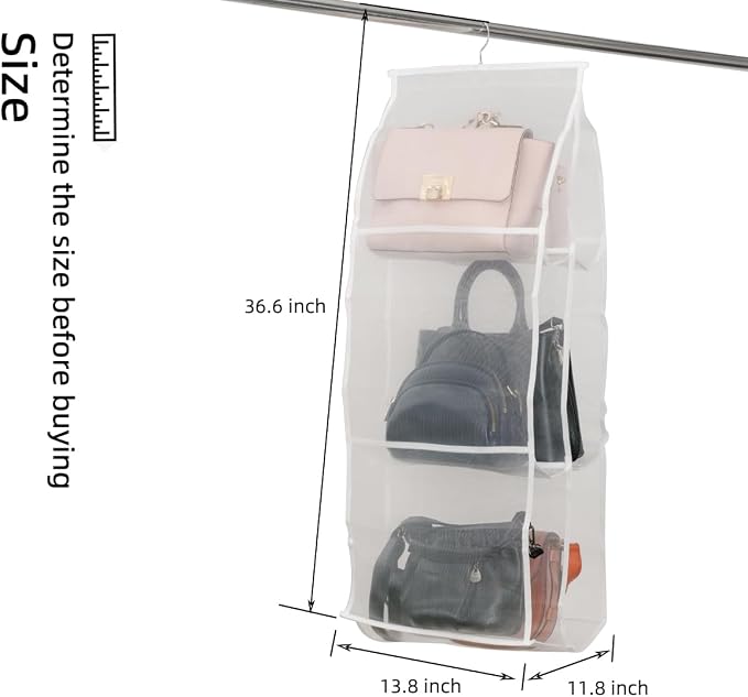 Hanging Purse Organizer for Closet Handbags Storage 2 Pack 8 Pockets and 6 Pockets Purse Organizer with Metal Hooks - White Nylon