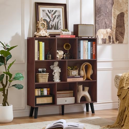 LEYAOYAO 8 Cube Bookshelf, Mid-Century Modern Book Shelf with Legs, Walnut