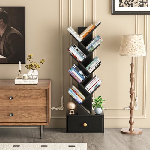 SHEEPAM 8-Tier Tree Bookshelf Floor Standing Storage Bookcase with Drawer
