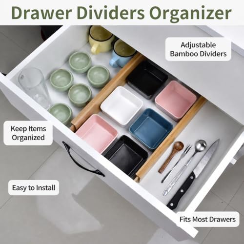 6 Pack Wood Drawer Dividers - Expandable Wooden Drawer Separators