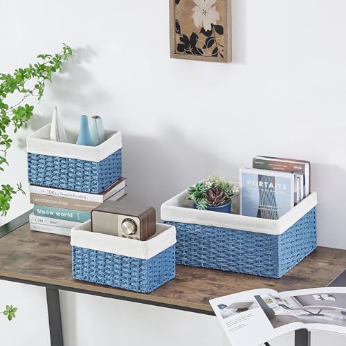 Vagusicc Wicker Basket, Set of 3 Hand-woven Storage Baskets for Organizing, Rectangle Wicker Storage Basket Bins with Ha