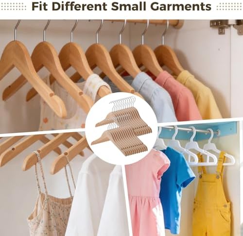 24 Pcs Small Wooden Hangers - Solid Wood Clothes Hangers with 360° Swivel Hooks & Notches for Small Jackets, Shirts, Dresses, Coats