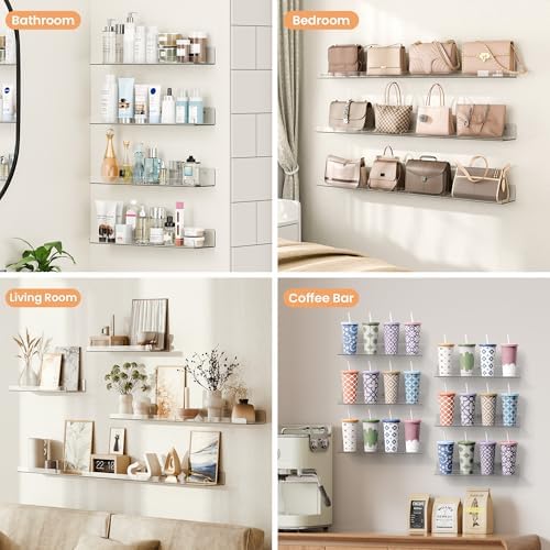 upsimples 18 Pack Acrylic Shelves for Wall Storage, 15" x 4“ Floating Bookshelves for Kids, Display Shelf Organizer for