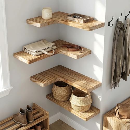 16" Solid Wood Floating Corner Shelves, 3 Pack, Carbonized Brown
