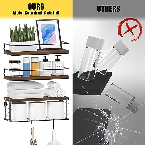 3+3 16.1in Bathroom Shelves Wall Mounted Over Toilet with Toilet Paper Storage Basket & Hooks, Hanging Floating Shelves Bathroom for Wall Room Decor, Bathroom Organizers and Storage Brown