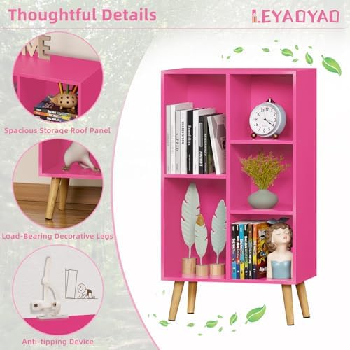 LEYAOYAO 5 Cube Bookshelf, Mid-Century Modern Book Shelf with Legs, Pink
