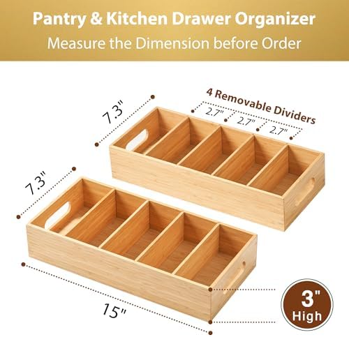 Umilife Large Bamboo Pantry Organizers and Storage Bins with Removable Dividers, Kitchen Drawer Cabinet Countertop Organ