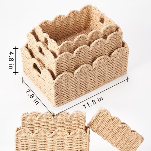Scalloped Wicker Baskets Set of 3, Hand-Woven Storage with Handles