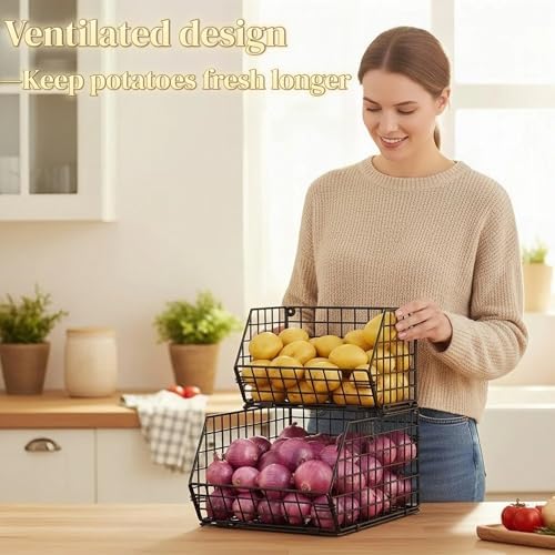 2-Tier Potato and Onion Storage Bin, Stackable Wire Baskets for Countertop