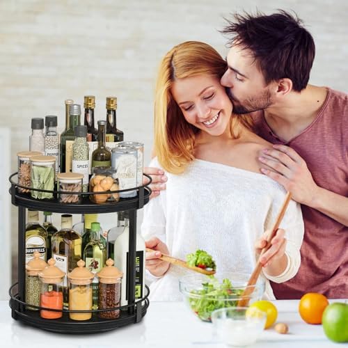 Snughome Lazy Susan Spice Rack, 2 Tier Rotating Spice Rack, Wood Lazy Susan Organizer for Cabinet, Black Kitchen Counter