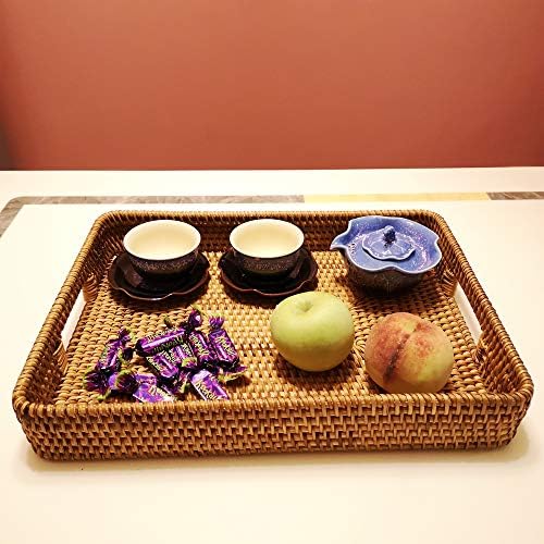 i-lan 17 Inch Oversize Handmade Rectangular Serving Trays with Cutout Handles and 2.3” Wall,Decorative Rattan Woven Stor