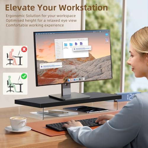 Monitor Stand Riser, 25x10 in Wood & Acrylic Computer Desk Organizer Shelf