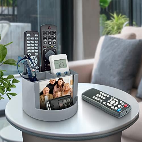 Acrimet Compact Desktop Organizer, 4 Spacious Slots, Round Pencil and Accessories Holder with Photo Slot, Ideal for Office, Art Supplies, Vanity Storage, and Home Organization (Silver Plastic)