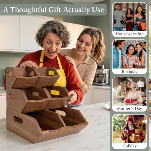 Stackable Storage Bins, 3 Tier Solid Acacia Wood Snack Produce Organizer