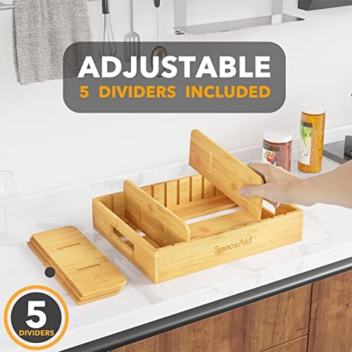 SpaceAid Bamboo Lid Organizer, Kitchen Pantry Lids Holder with 5 Adjustable Dividers for Cabinets, Food Storage Containe