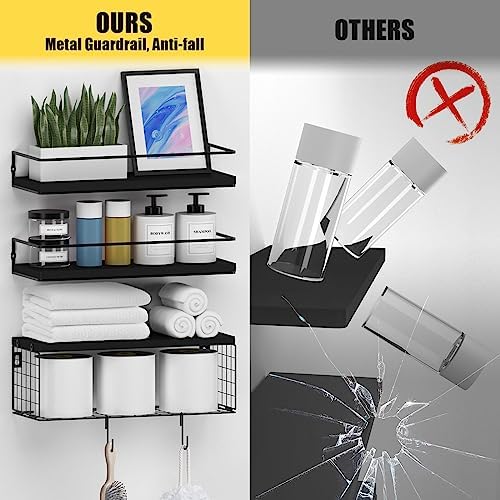 Black Floating Shelves with S Hooks, Wall Mounted Bathroom Shelves Over Toilet with Toilet Paper Basket, Bathroom Organi