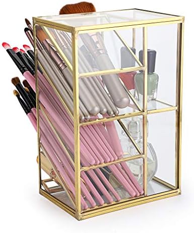 Hipiwe Vintage Gold Metal Desk Organizer - Glass Make up Brushes lipstick Holder Dresser Organizer Pen Pencil Storage Holder for Home Office Supplies (6 Compartment)