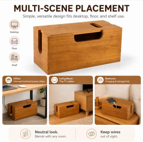 Wood Cable Management Box, Acacia Wood Cord Organizer