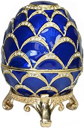 Blue Faberge Egg Trinket Box Jewelry Box Hand Painted Decorative Box with Hinged Lid Ring Earring Holder Easter Egg Collectible