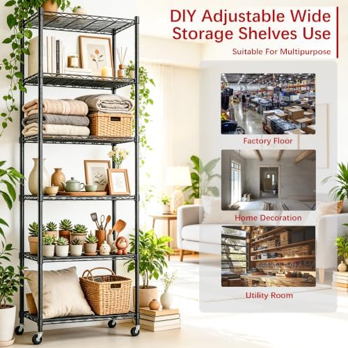 REGILLER 6 Wire Shelving Steel Storage Rack Adjustable Unit Shelves for Laundry Bathroom Kitchen Pantry Closet(Black,11.